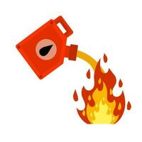 Canister with fuel. Red gas tank. Container with oil. Flammable object. Flat cartoon icon illustration isolated on white background. Danger and fire. Watering a Dangerous flame vector