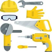 Set tool of worker and the Builder. Yellow Helmet, glasses, drill, hand saw, Grinder, hammer, wrench, screwdriver, gloves. Repair kit. Cartoon flat illustration vector