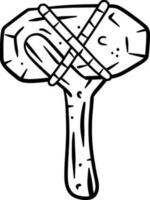 Stone hammer on stick. caveman weapon for hunting. primitive prehistoric axe. Heavy object. Old technology. Black and white Cartoon illustration vector