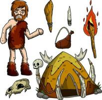 Set of caveman items. A hut of skins and bones, a wooden club, a torch, the skull of an animal. The lifestyle of primitive man. Cartoon illustration vector