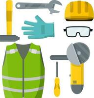 Set of clothes Builder and worker. Green vest, helmet, glasses, gloves. Grinder, screwdriver, hammer, wrench. Repair and maintenance. Safety and tools. Cartoon flat illustration vector