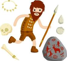 Primitive caveman. Prehistoric hunter. Stone age. Man with bow and arrow. Tribal items. Concept of history and archeology. Cartoon flat. Spear and skull vector