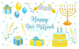 Bar mitzvah set of flat style icons. Collection of elements for congratulation or invitation card, banner, with menorah, Star of David isolated on white background. vector