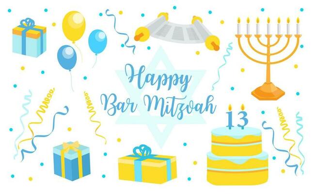 Bar mitzvah set of flat style icons. Collection of elements for congratulation or invitation card, banner, with menorah, Star of David isolated on white background.