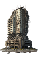 A haunting and desolate post-apocalyptic scene featuring the remnants of once towering skyscrapers, now left in ruins and standing tall amidst a transparent background. png