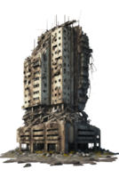 A haunting and desolate post-apocalyptic scene featuring the remnants of once towering skyscrapers, now left in ruins and standing tall amidst a transparent background. png