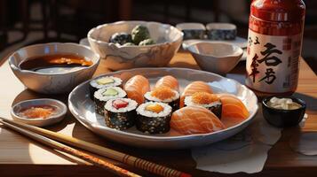 table full of sushi and chopsticks photo