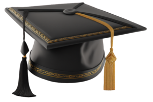 A stunning black graduation cap, complete with a plush tassel, sits proudly against a transparent background. png