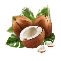 The image shows three realistic coconuts, each with its distinctive shape, color, and texture, placed on a clear, transparent background. png