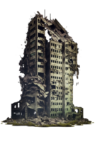 The image shows a post-apocalyptic scene of ruined skyscrapers, towering eerily against a transparent background. png