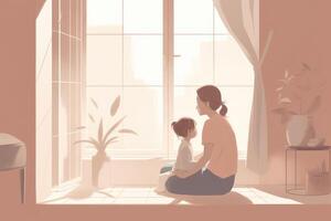 Minimalist Mother's Day illustration that depicts a mother and child in a peaceful indoor setting. Soft, muted tones. photo