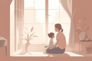 minimalista de la madre día ilustración ese representa un madre y niño en un pacífico interior ajuste. suave, apagado tonos generativo ai foto