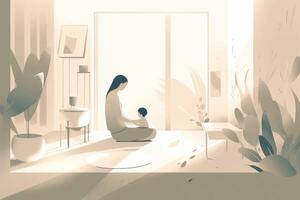 Minimalist Mother's Day illustration that depicts a mother and child in a peaceful indoor setting. Soft, muted tones. photo