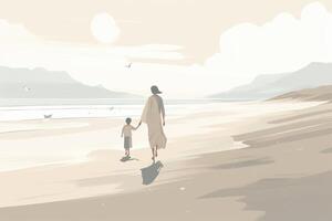 Mother's Day illustration with a minimalist style that showcases a mother and child enjoying a peaceful day at the beach. Soft, muted tones. photo