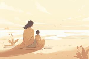 Mother's Day illustration with a minimalist style that showcases a mother and child enjoying a peaceful day at the beach. Soft, muted tones. photo