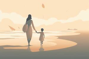 Mother's Day illustration with a minimalist style that showcases a mother and child enjoying a peaceful day at the beach. Soft, muted tones. photo