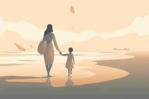 de la madre día ilustración con un minimalista estilo ese vitrinas un madre y niño disfrutando un pacífico día a el playa. suave, apagado tonos generativo ai foto