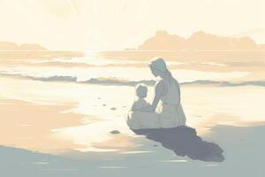 Mother's Day illustration with a minimalist style that showcases a mother and child enjoying a peaceful day at the beach. Soft, muted tones. photo