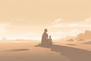 de la madre día ilustración con un minimalista estilo ese vitrinas un madre y niño disfrutando un pacífico día a el playa. suave, apagado tonos generativo ai foto