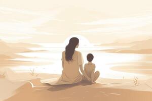 Mother's Day illustration with a minimalist style that showcases a mother and child enjoying a peaceful day at the beach. Soft, muted tones. photo