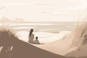 Mother's Day illustration with a minimalist style that showcases a mother and child enjoying a peaceful day at the beach. Soft, muted tones. photo