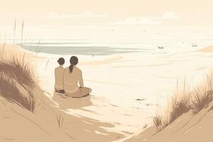 Mother's Day illustration with a minimalist style that showcases a mother and child enjoying a peaceful day at the beach. Soft, muted tones. photo