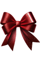 A sparkling red bow ribbon, made of glittering material, is shown against a clear, see-through background in this image.Generative AI png