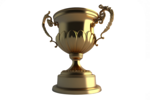 This image depicts a detailed, lifelike golden trophy standing proudly against a clear, see-through background. png