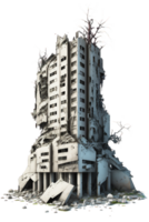 This image depicts ruined skyscrapers in a post-apocalyptic setting, set against a transparent background. png