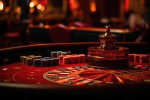 Roulette wheel, in the middle of the table on the casino table. photo