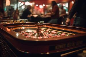 Roulette wheel, in the middle of the table on the casino table. photo