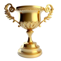 un brillante dorado trofeo, intrincadamente hecho a mano y de modo realista detallado, soportes con orgullo en un claro y transparente fondo.generativo ai png