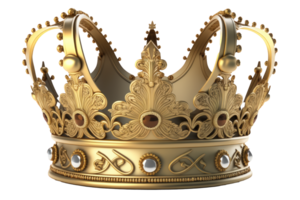 A sparkling, regal golden crown, intricately designed with realistic etchings and textures, gracefully floating in mid-air against a clear, transparent background. png
