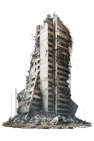 The image depicts a series of ruined skyscrapers that appear to have been devastated by some catastrophic event, standing tall against a transparent background. png