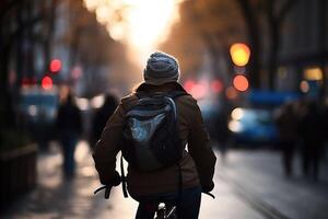 foto de un persona montando un bicicleta en el ciudad multitud debajo el luces a noche en el ciudad, y entre el multitudes de gente. generativo ai.