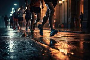 Photo of an athletes jogging in front of bokeh lights at night in the city.