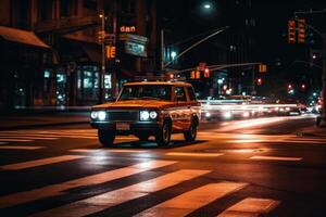 Photo of night city lights and traffic speeding by cars. Bokeh effect background.