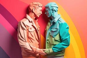 Gay men hugging each other, illustration in paper art style for pride month. photo