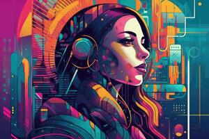 Abstract and retro futuristic robot woman illustration with multiple color laser neon effect. photo