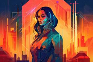 Abstract and retro futuristic robot woman illustration with multiple color laser neon effect. photo