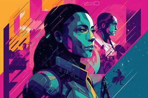 Abstract and retro futuristic robot woman illustration with multiple color laser neon effect. photo