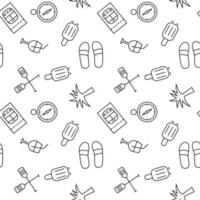 Seamless monochrome repeating pattern of flippers, luggage, puddles, compass, wine, palm, baggage vector