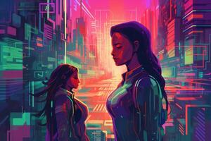 Abstract and retro futuristic robot woman illustration with multiple color laser neon effect. photo