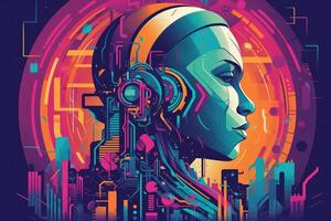 Abstract and retro futuristic robot woman illustration with multiple color laser neon effect. photo