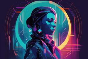 Abstract and retro futuristic robot woman illustration with multiple color laser neon effect. photo