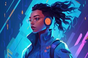 Abstract and retro futuristic robot woman illustration with multiple color laser neon effect. photo