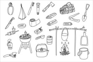 Set of vector illustrations of tourism and camping equipment in doodle style on white background. Isolated black outline. Local travel hand drawn icon collection. Summer nature rest and adventure.