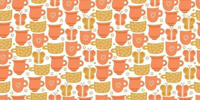 Vector seamless pattern with mugs and butterflies on white background. Great for linens, tablecloths, wallpapers, covers.