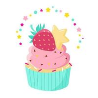 Sweet cupcake with strawberries, caramel and buttercream vector