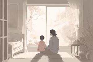 Minimalist Mother's Day illustration that depicts a mother and child in a peaceful indoor setting. Soft, muted tones. photo